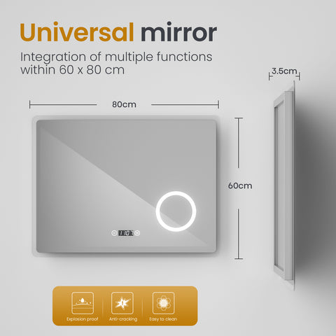 EMKE Bathroom Mirror 80x60cm with 3000K/4000K/6500K +Dimmable+Demister Pad+3X Magnification+Clock EMKE Bathroom Mirror 80x60cm with 3000K/4000K/6500K +Dimmable+Demister Pad+3X Magnification+Clock