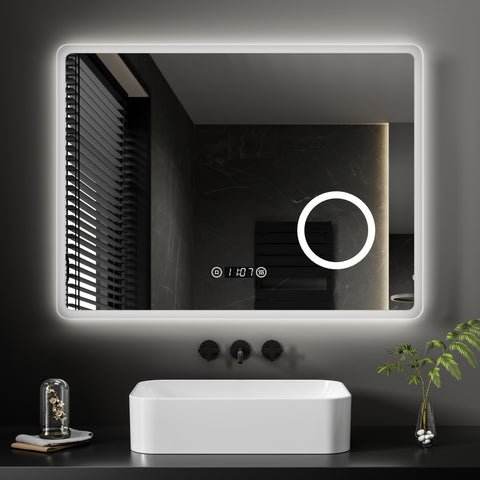 EMKE Bathroom Mirror 80x60cm with 3000K/4000K/6500K +Dimmable+Demister Pad+3X Magnification+Clock EMKE Bathroom Mirror 80x60cm with 3000K/4000K/6500K +Dimmable+Demister Pad+3X Magnification+Clock
