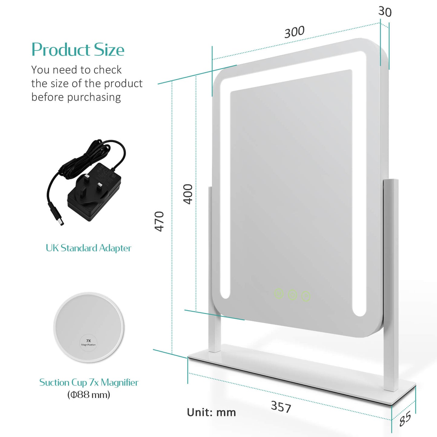 emke cm09 desktop vanity mirror white 30cm