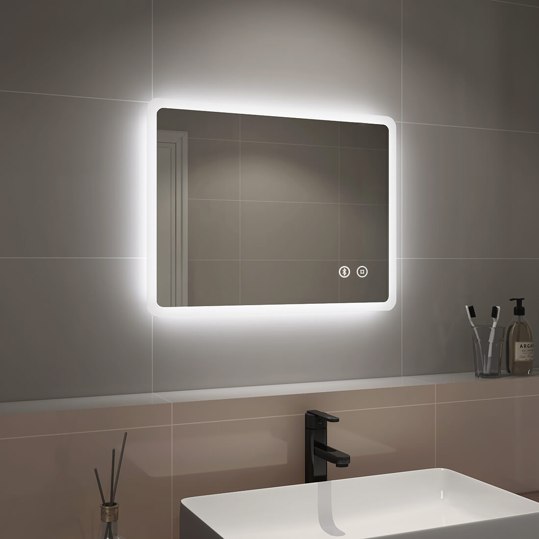 Lm16 Rectangular Rounded Corners Led Bathroom Mirror With Frosted Frame I Emkeuk Emkedirect 