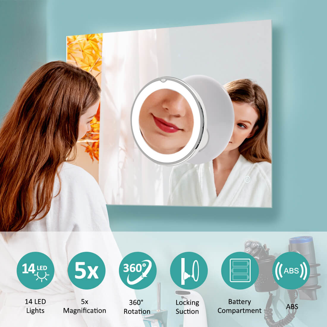 EMKE LED Cosmetic Mirror, 5x Magnification, with A Suction Cup, 360° Rotation