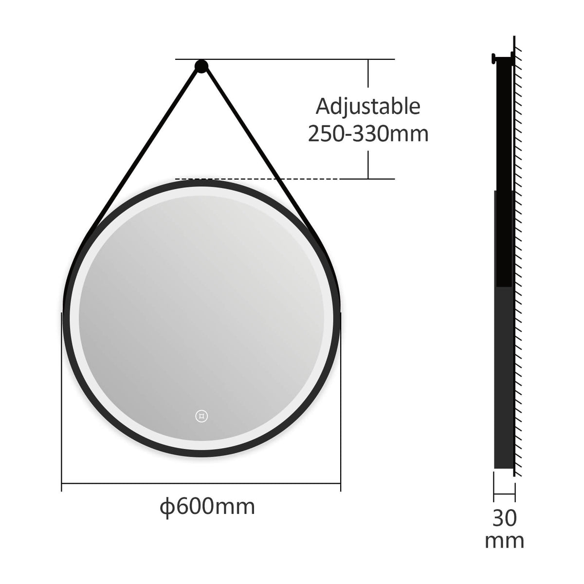 EMKE OLM04 Round Black Framed LED Illuminated Mirror, 6500K