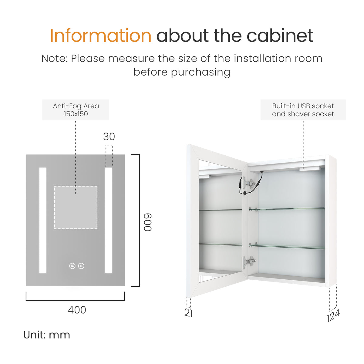 EMKE_MC01 LED Bathroom Mirror with Shelf, Demister,Temperature 3000/4000/6500K