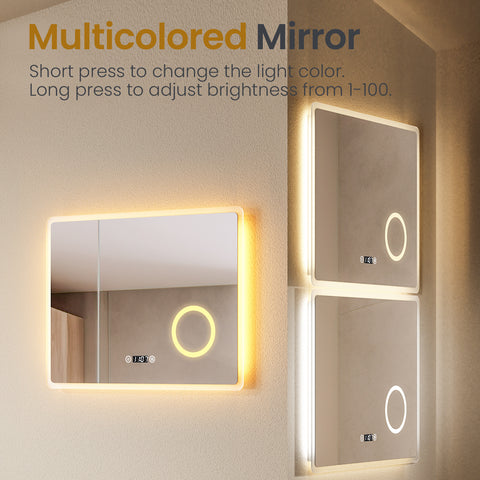 EMKE Bathroom Mirror 80x60cm with 3000K/4000K/6500K +Dimmable+Demister Pad+3X Magnification+Clock