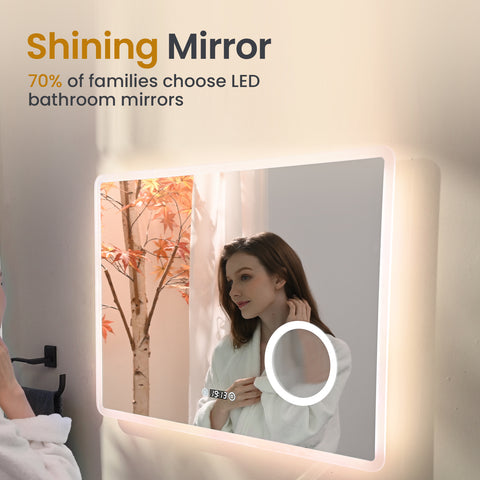 EMKE Bathroom Mirror 80x60cm with 3000K/4000K/6500K +Dimmable+Demister Pad+3X Magnification+Clock