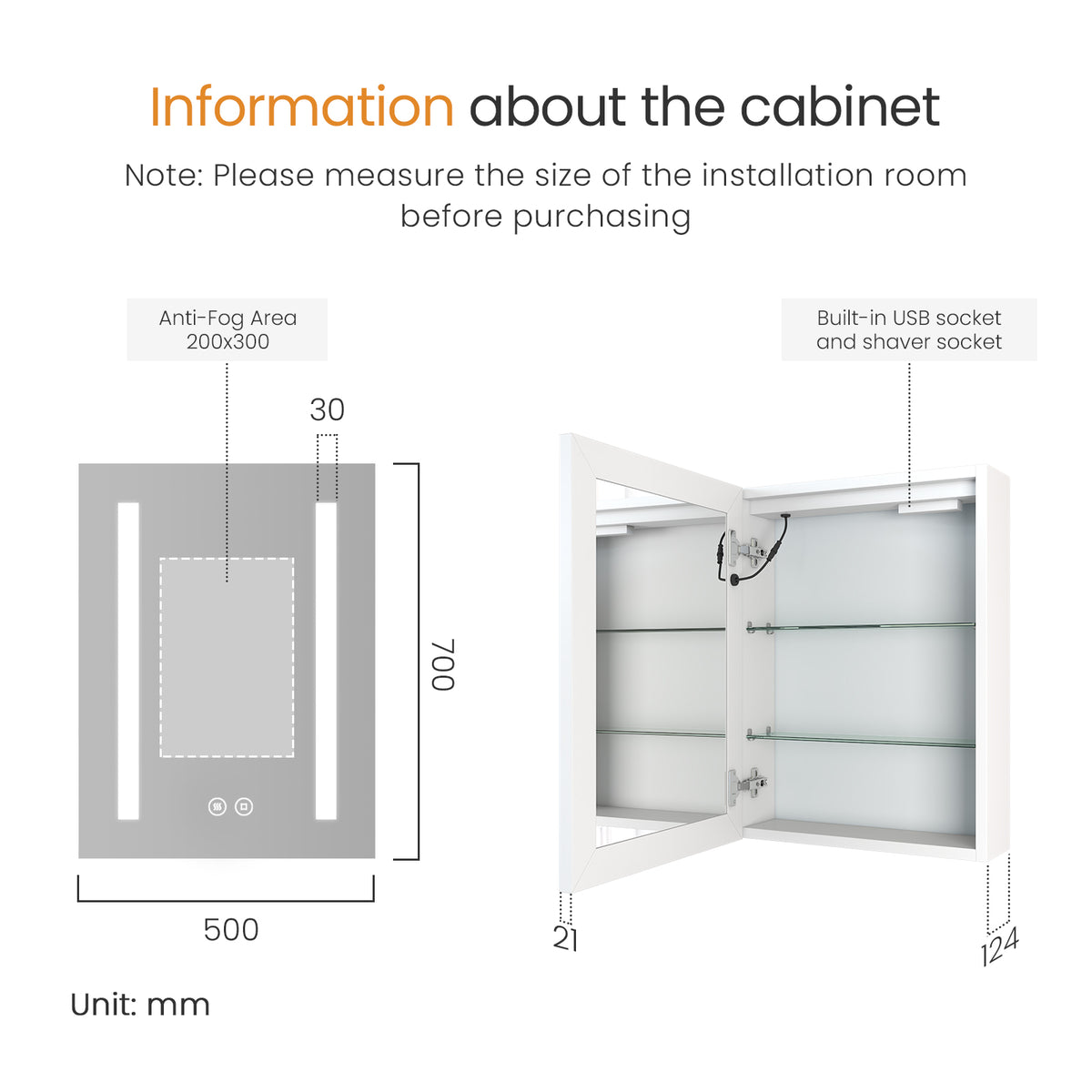 EMKE_MC01 LED Bathroom Mirror with Shelf, Demister,Temperature 3000/4000/6500K