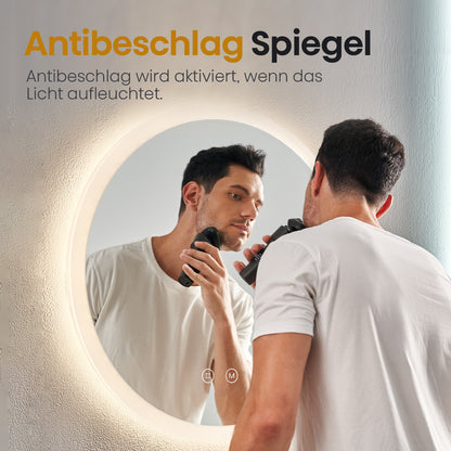 EMKE Round Bathroom Mirror 60cm with 3000K/4000K/6500K Touch+Dimmable+Demister Pad