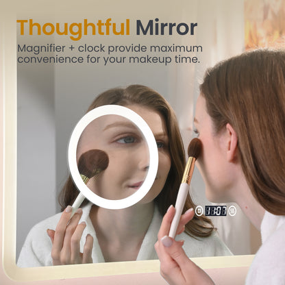 EMKE Bathroom Mirror 80x60cm with 3000K/4000K/6500K +Dimmable+Demister Pad+3X Magnification+Clock