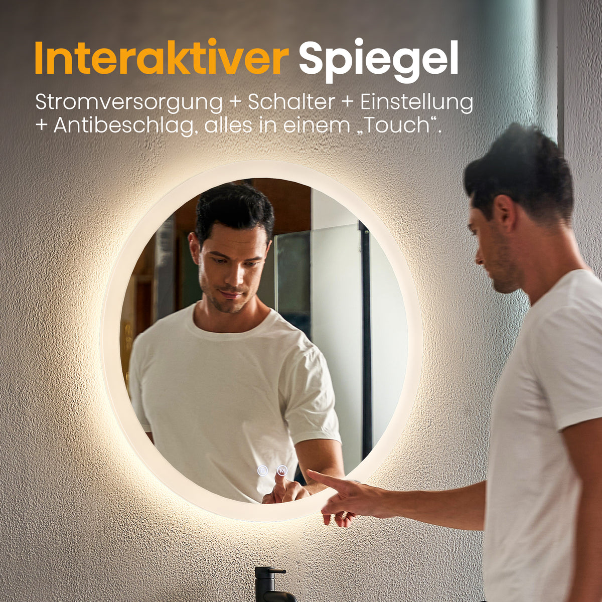 EMKE Round Bathroom Mirror 60cm with 3000K/4000K/6500K Touch+Dimmable+Demister Pad