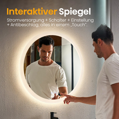 EMKE Round Bathroom Mirror 60cm with 3000K/4000K/6500K Touch+Dimmable+Demister Pad