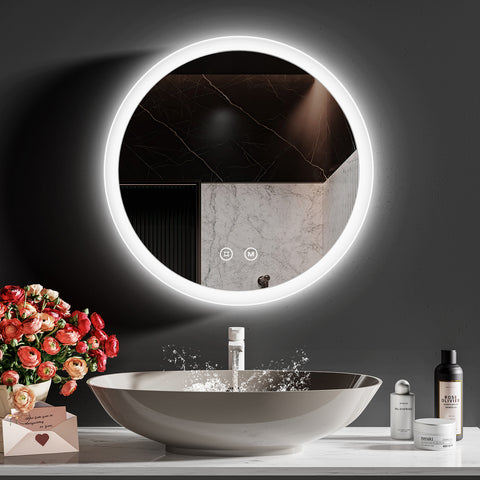 EMKE Round Bathroom Mirror 60cm with 3000K/4000K/6500K Touch+Dimmable+Demister Pad