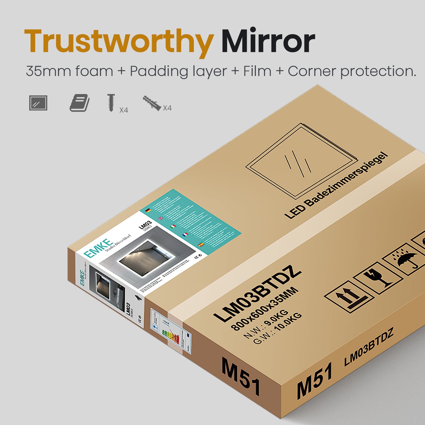 EMKE Bathroom Mirror 80x60cm with 3000K/4000K/6500K Touch+Dimmable+Demister