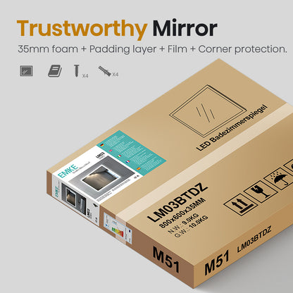 EMKE Bathroom Mirror 80x60cm with 3000K/4000K/6500K Touch+Dimmable+Demister