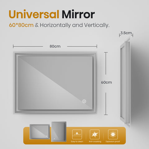 EMKE Bathroom Mirror 80x60cm with 3000K/4000K/6500K Touch+Dimmable+Demister