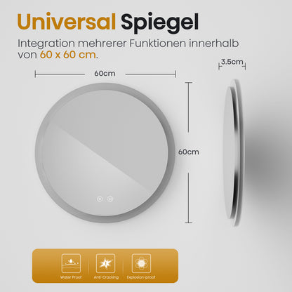 EMKE Round Bathroom Mirror 60cm with 3000K/4000K/6500K Touch+Dimmable+Demister Pad