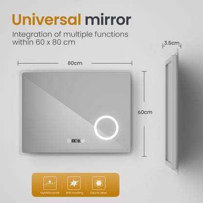 EMKE Bathroom Mirror 80x60cm with 3000K/4000K/6500K +Dimmable+Demister Pad+3X Magnification+Clock
