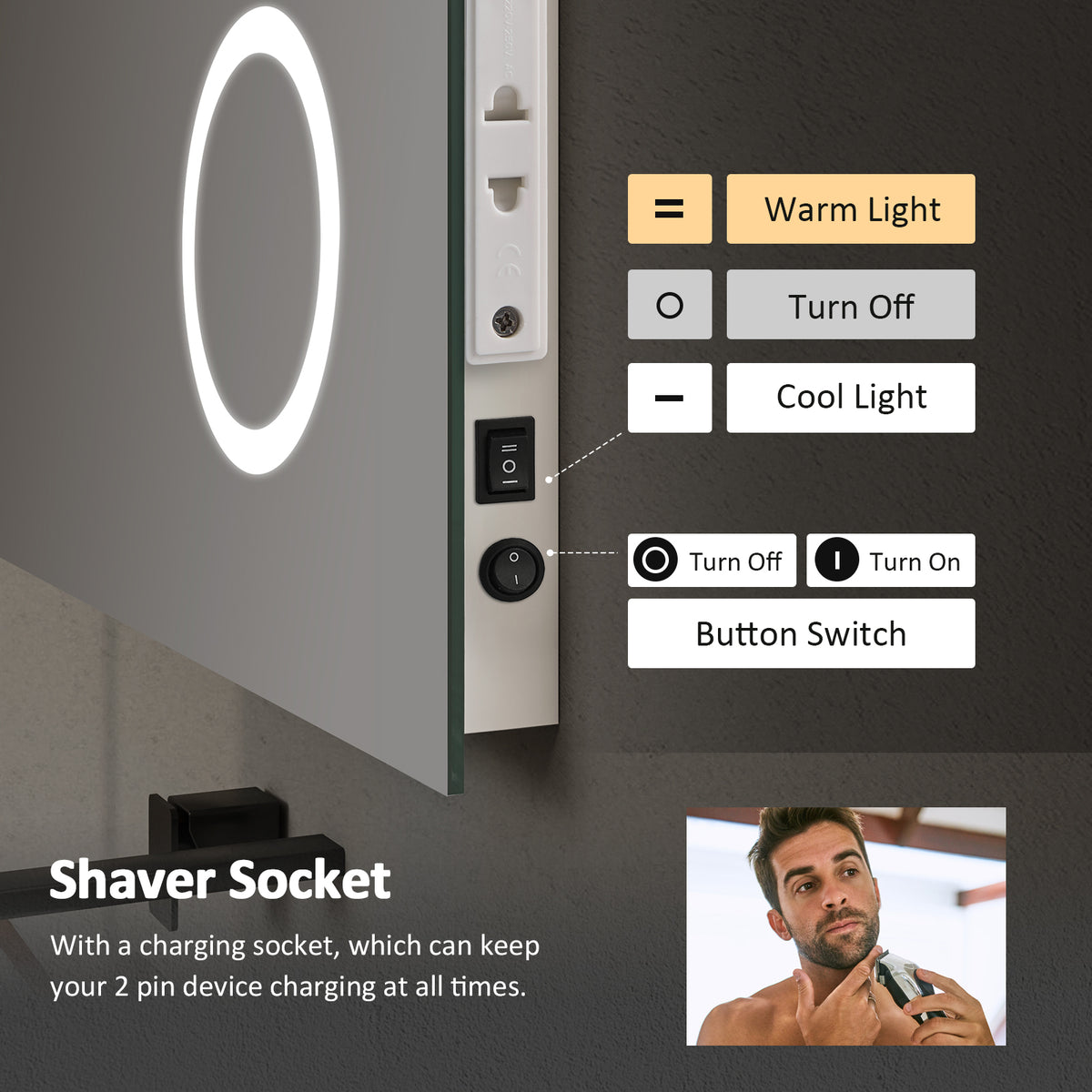 EMKE LM08 LED Illuminated Bathroom Mirror with Demister, Shaver Socket, and 3X Magnifer