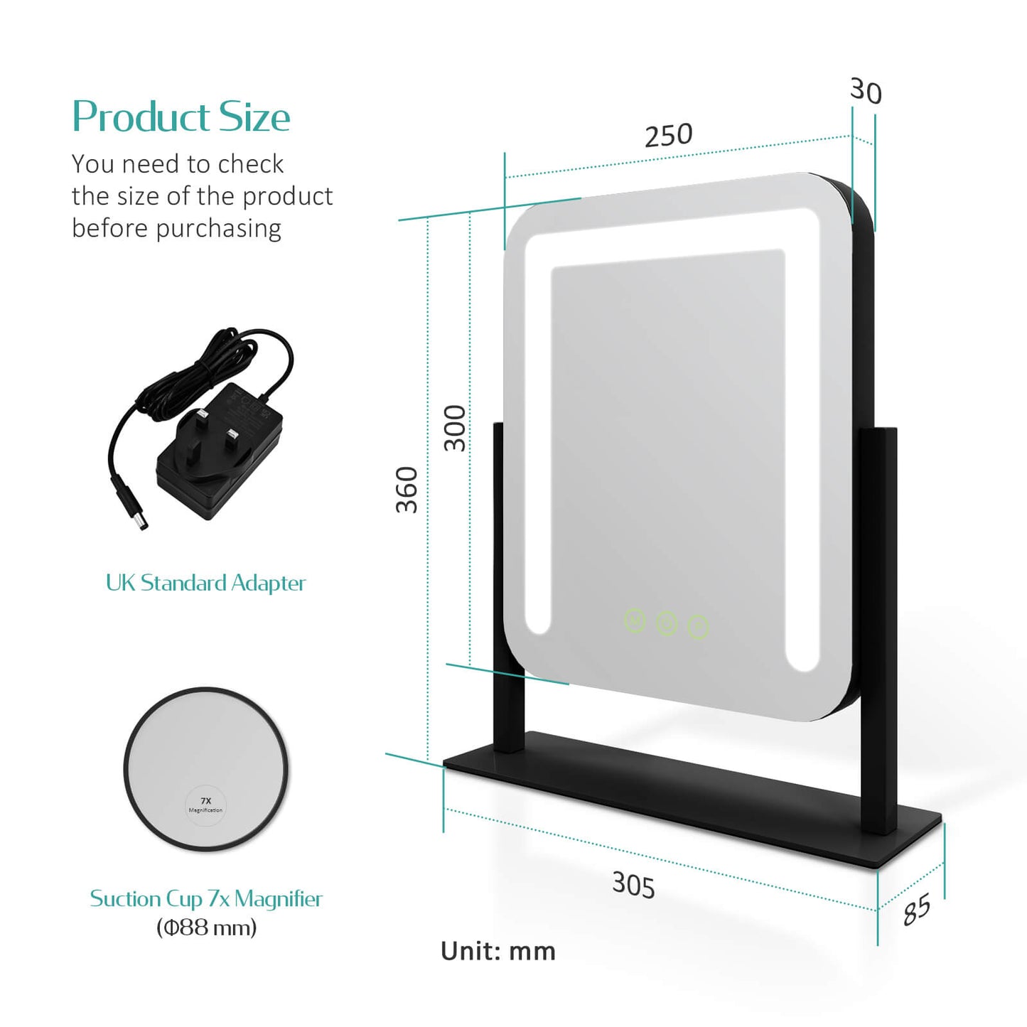 emke cm09 desktop vanity mirror black 25cm