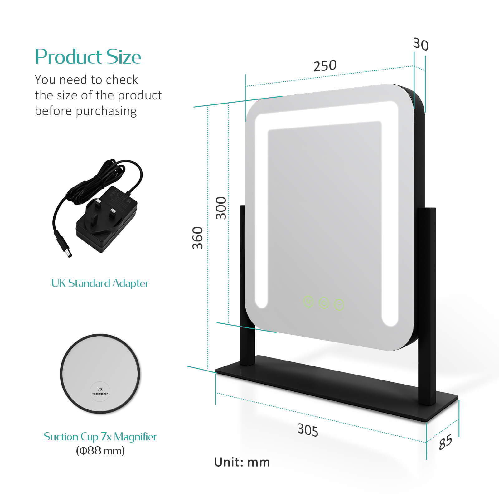 emke cm09 desktop vanity mirror black 25cm