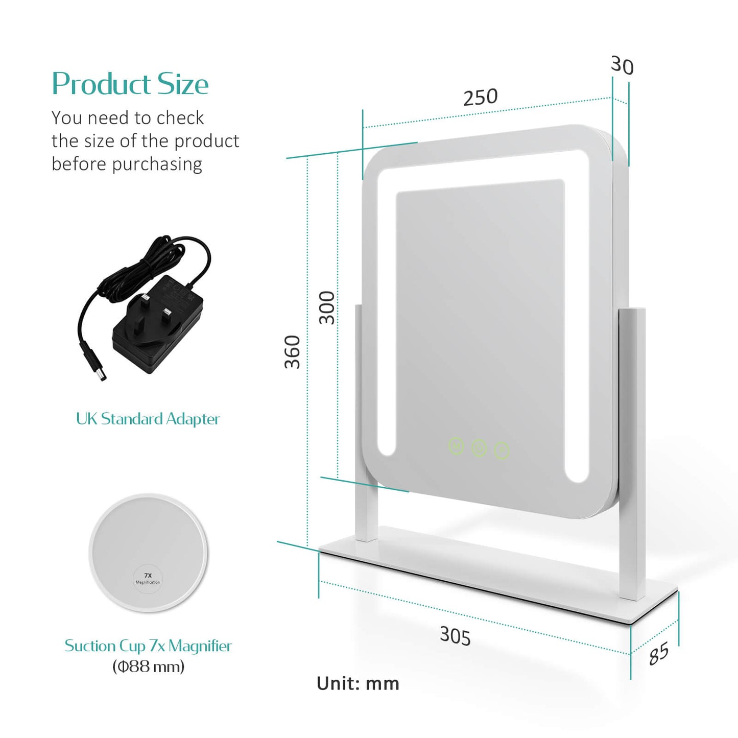 emke cm09 desktop vanity mirror white 25cm
