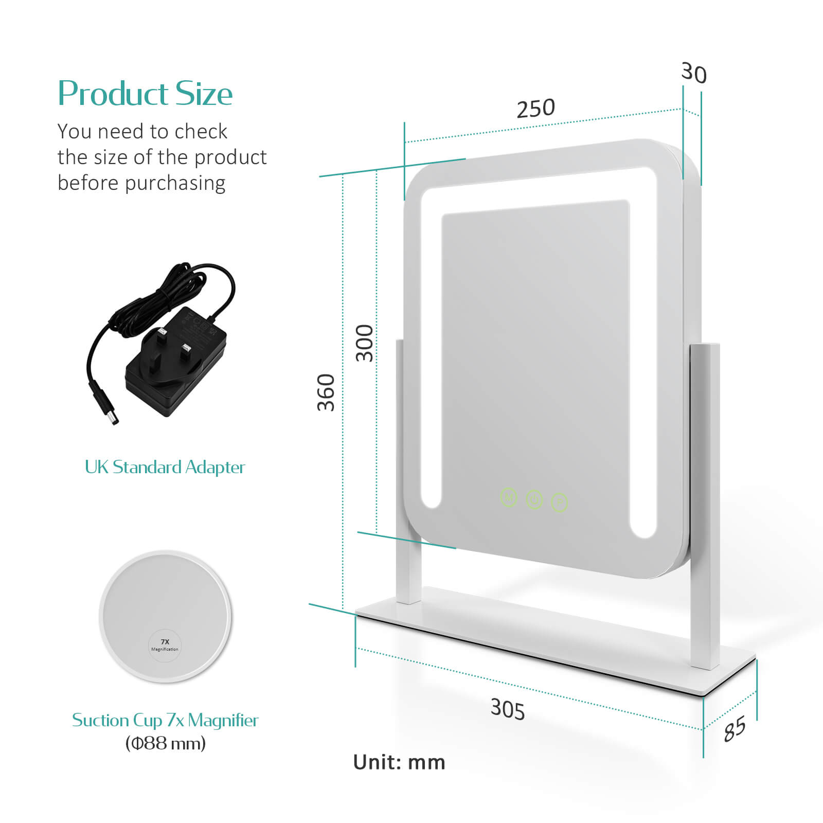 emke cm09 desktop vanity mirror white 25cm