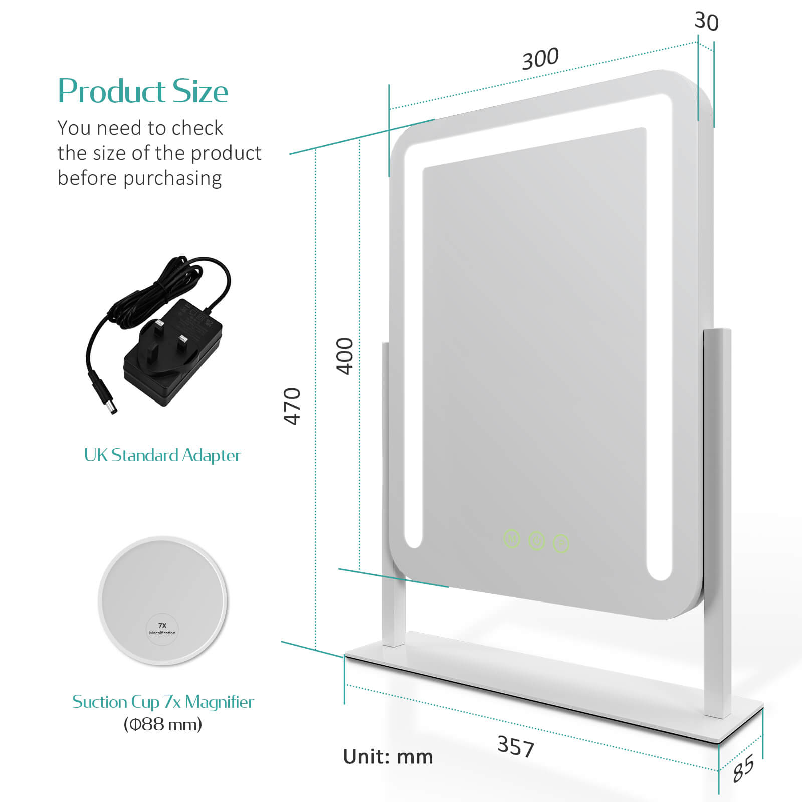 emke cm09 desktop vanity mirror white 30cm