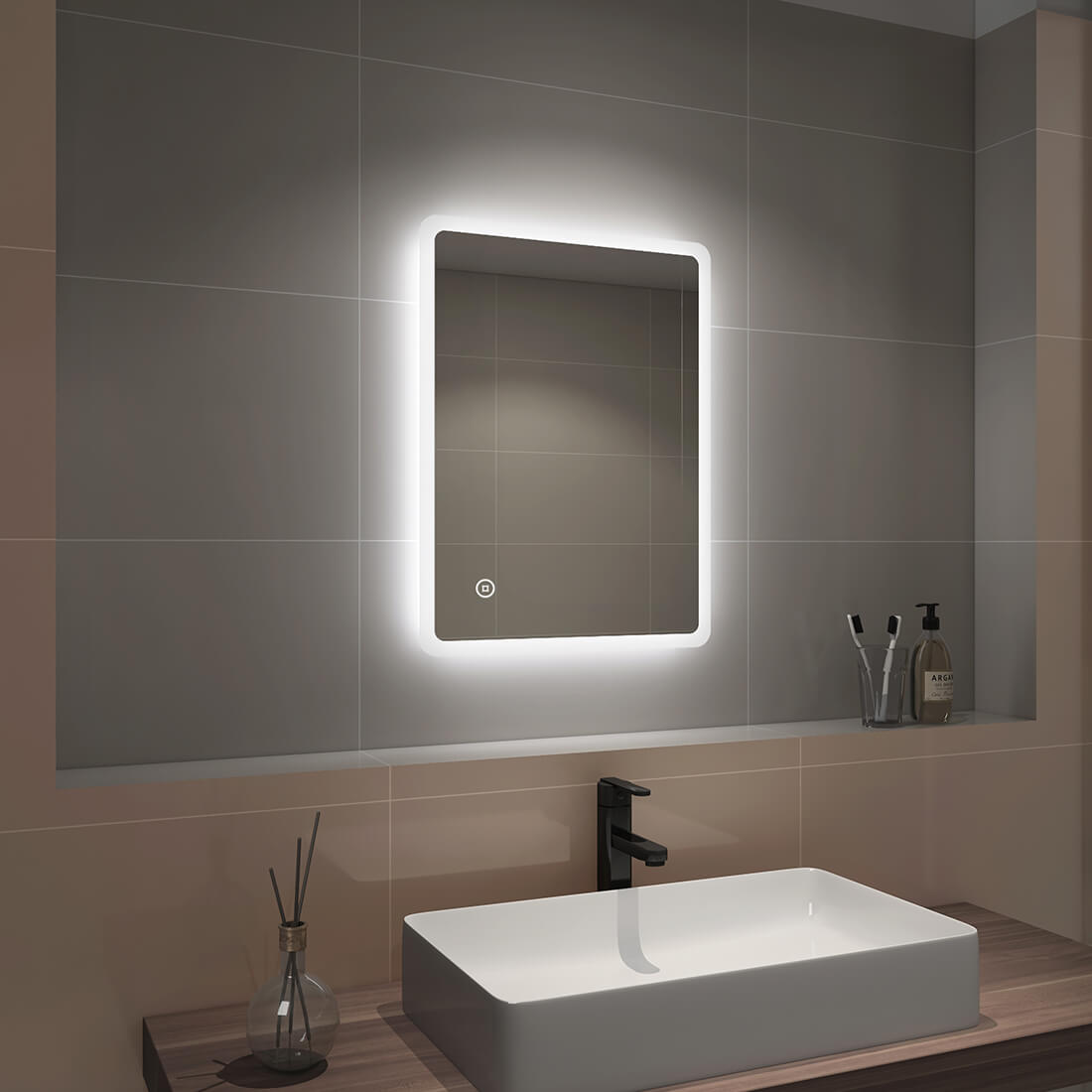 EMKE LM16 LED-backlit Mirror, Rounded Corners, Suspension in Two Directions, 45x60 cm
