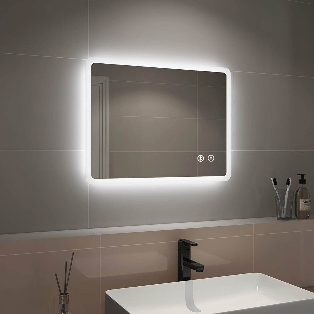 Rounded Rectangle Led LM16 Rectangular, Rounded Corners, LED Bathroom Mirror with Frosted ...