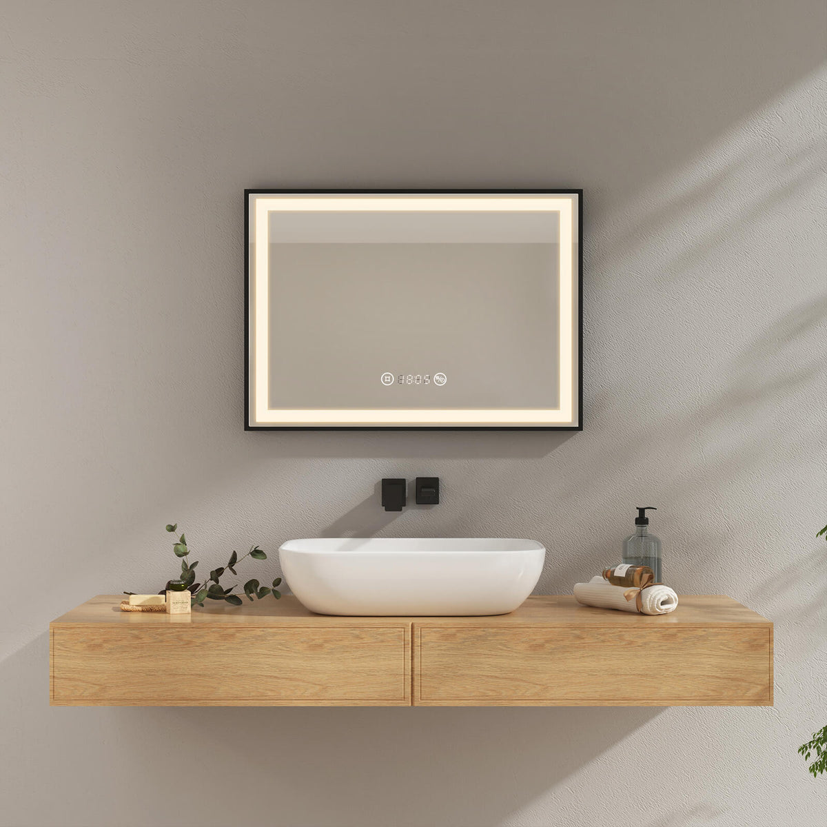 EMKE LM23 Black Frame Mirror with Warm White Light (4300K), Demister, Clock