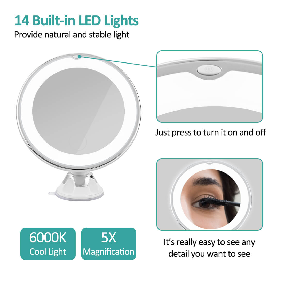 EMKE LED Cosmetic Mirror, 5x Magnification, with A Suction Cup, 360° Rotation