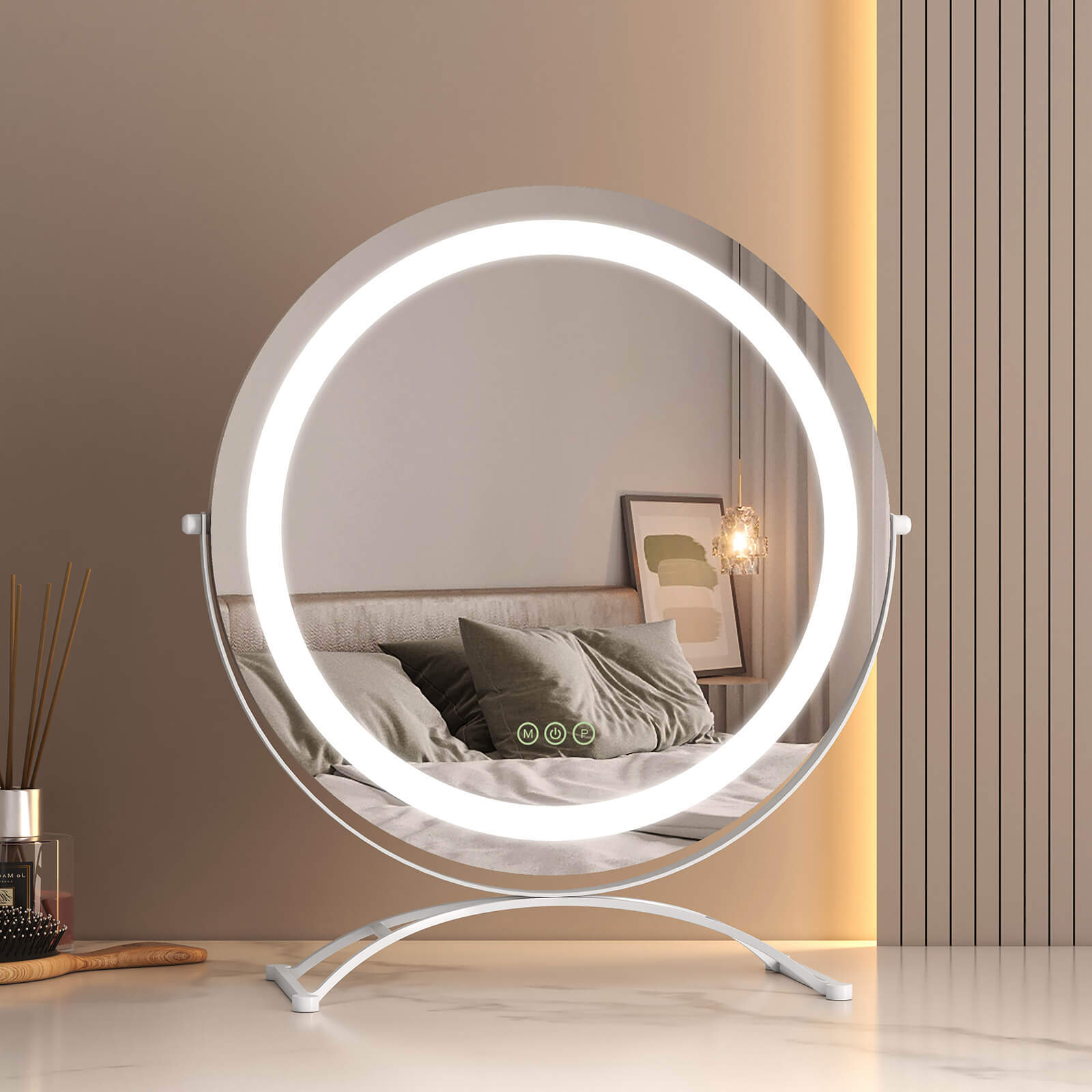 Amazon.com - Vlsrka 20 inch Vanity Mirror with Lights, Round LED Makeup  Mirror, Large Makeup Mirror with Lights, High Definition Lighted Up Mirror  for Bedroom, Touch Control 3 Color Dimmable, 360° Rotation, White
