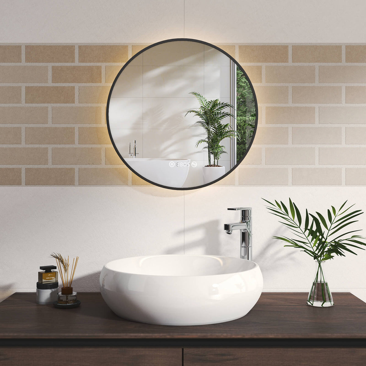 EMKE OLM09 Round LED Mirror with Demister, Black/Gold Frame, 600mm, 4300K
