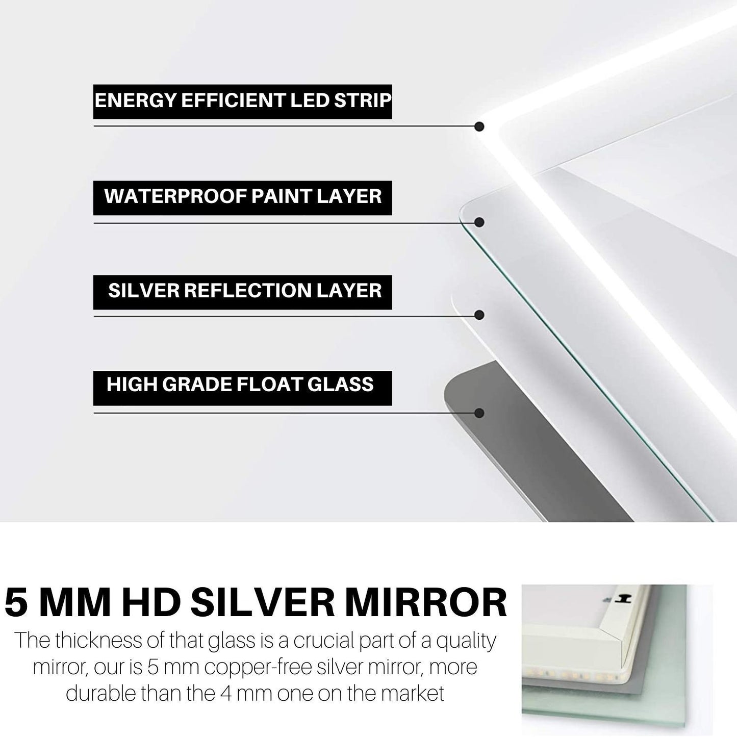 EMKE LM03 Rectangular Bathroom Mirror with Lighting, with Different Dimensions and Functions