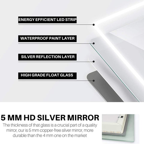 EMKE LM23 Black Frame Mirror with Warm White Light (4300K), Demister, Clock