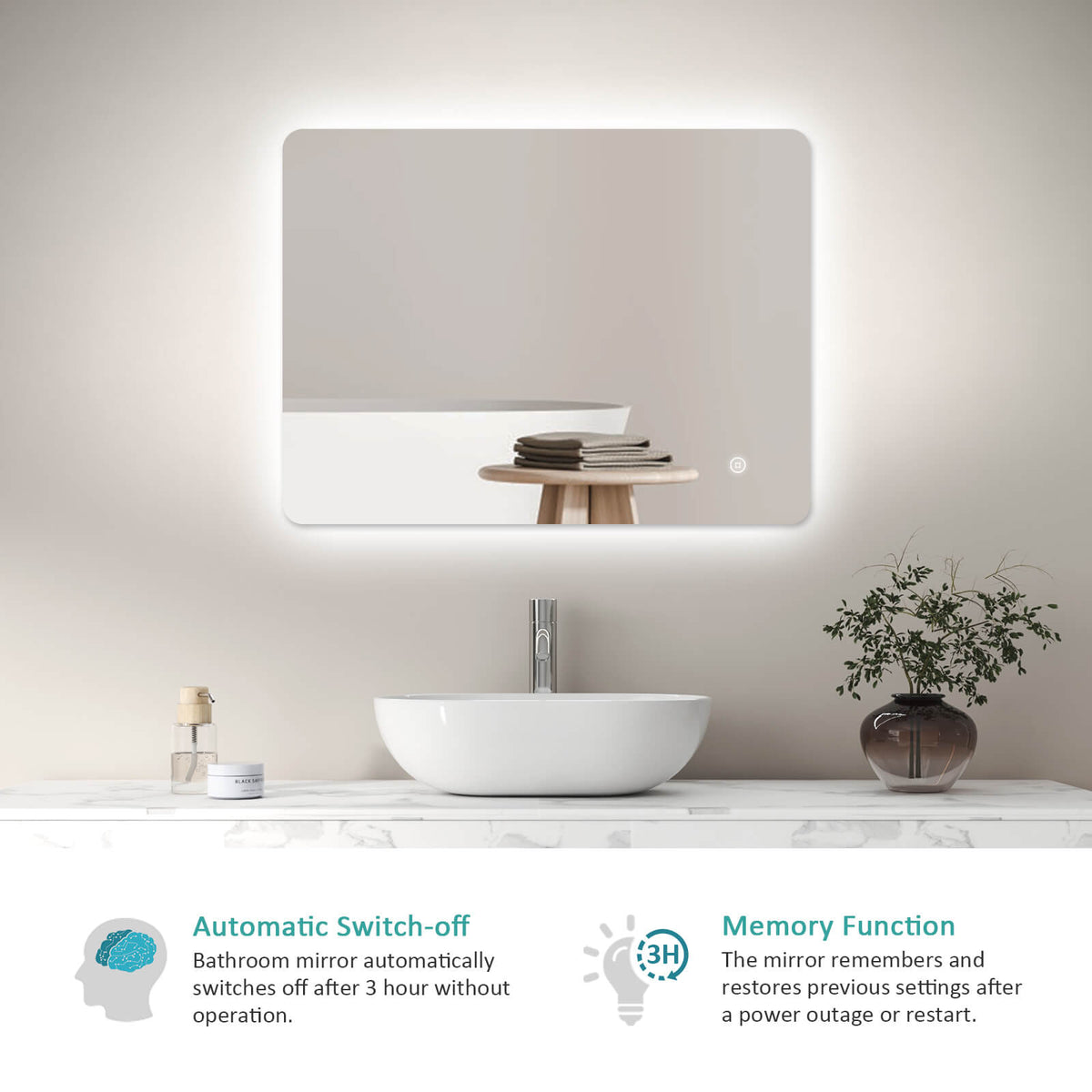 EMKE LM09 Bathroom Mirror with Rounded Corners, Demister, 6500K, Hang Vertically/Horizontally