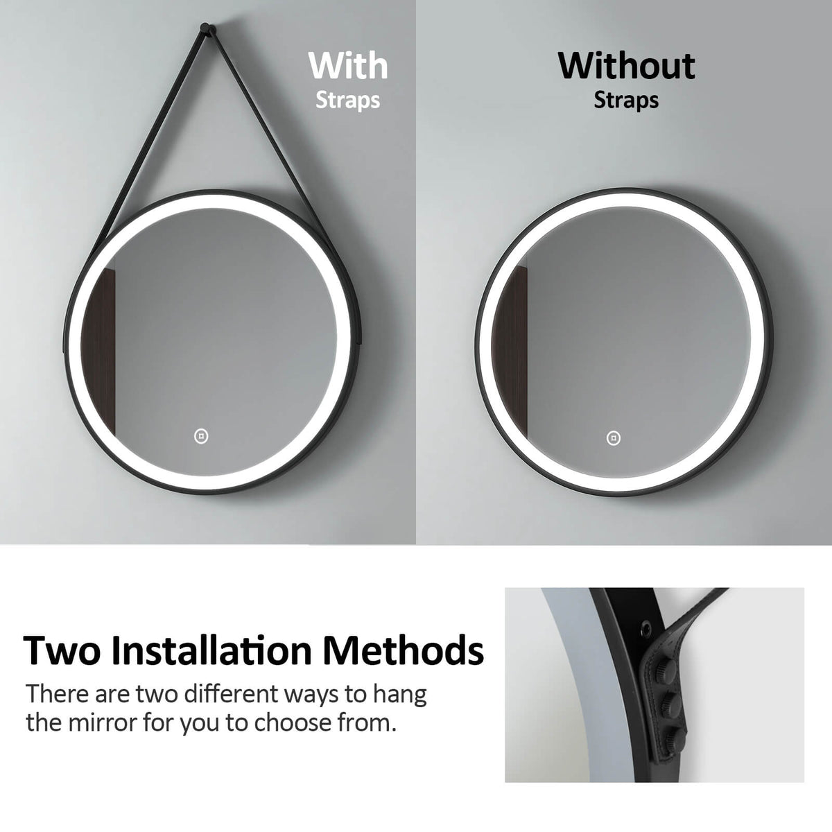 EMKE OLM04 Round Black Framed LED Illuminated Mirror, 6500K