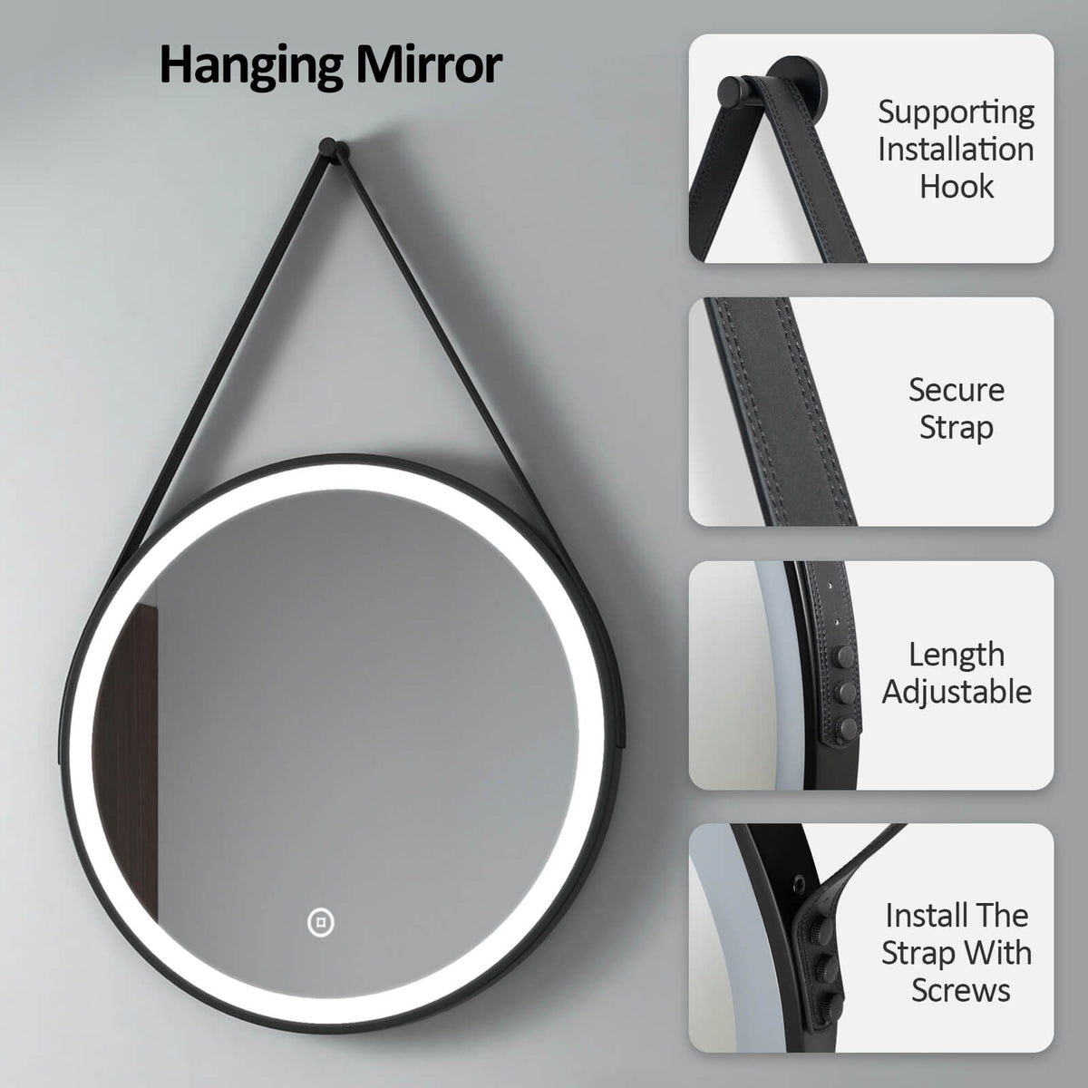 EMKE OLM04 Round Black Framed LED Illuminated Mirror, 6500K