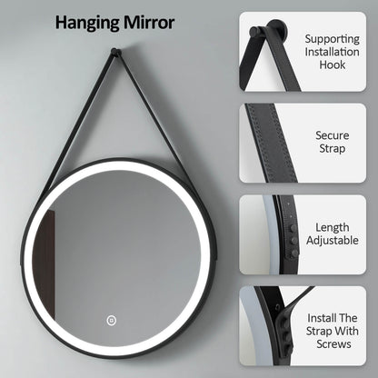 EMKE OLM04 Round Black Framed LED Illuminated Mirror, 6500K