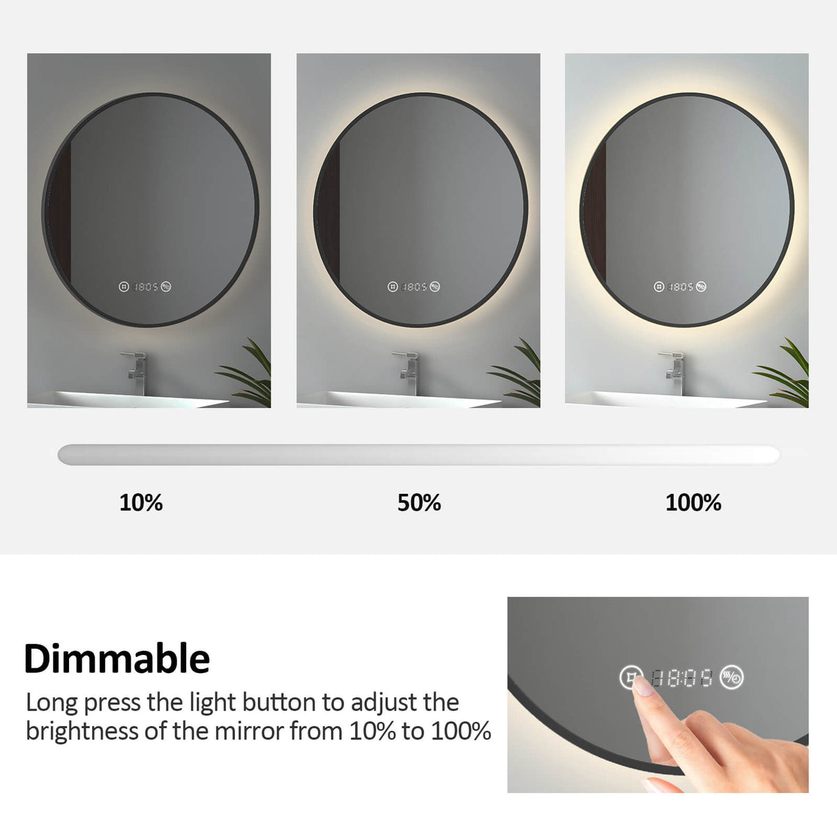 EMKE OLM09 Round LED Mirror with Demister, Black/Gold Frame, 600mm, 4300K