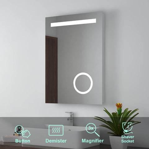 EMKE LM08 LED Illuminated Bathroom Mirror with Demister, Shaver Socket, and 3X Magnifer