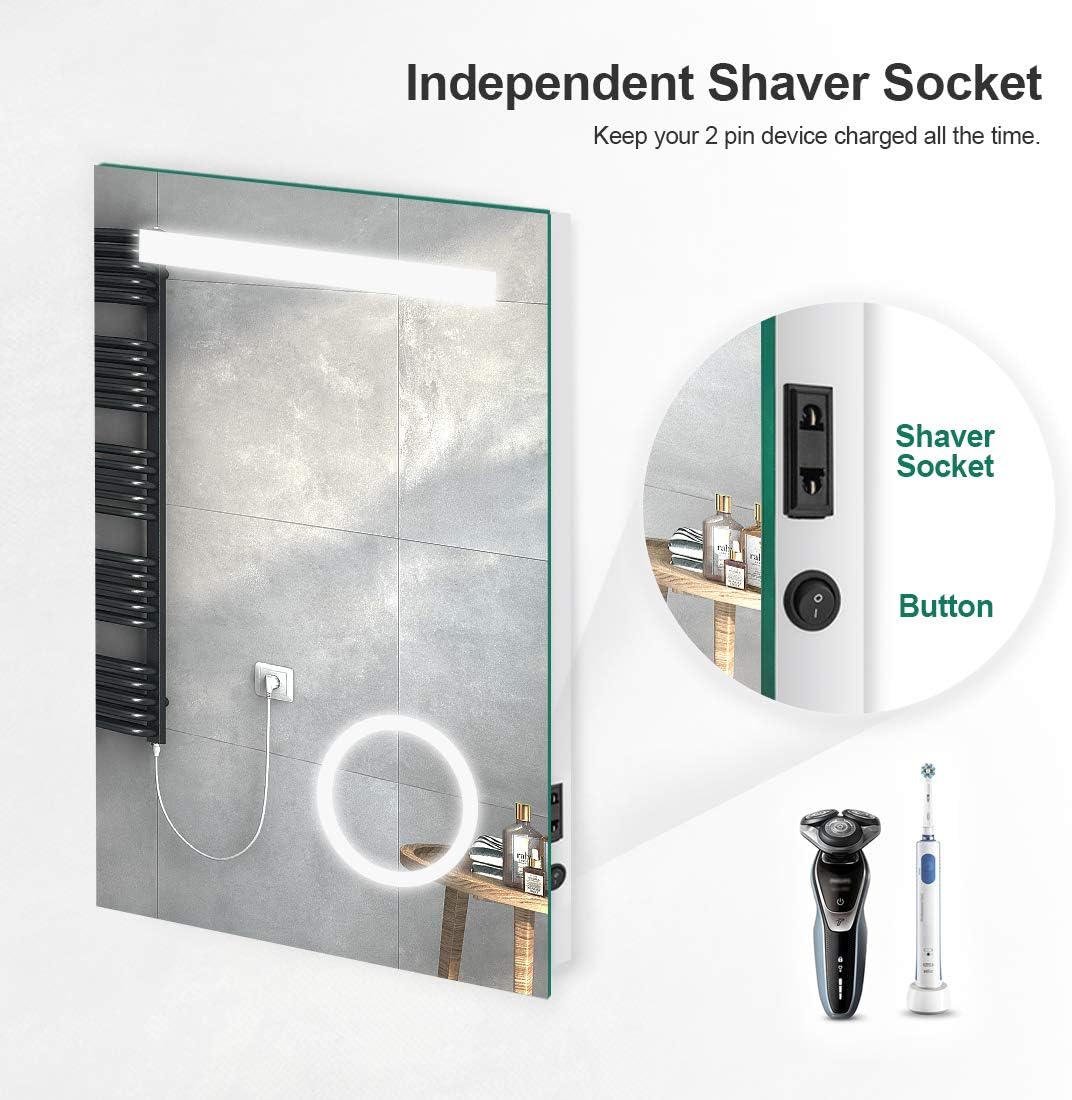 LM08 LED Bathroom Mirror with Demister, Shaver Socket, 3X Magnifer ...