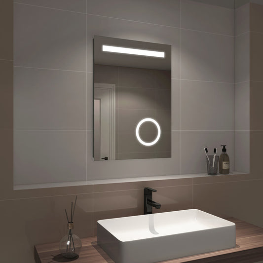 EMKE LM08 LED Illuminated Bathroom Mirror with Demister, Shaver Socket, and 3X Magnifer