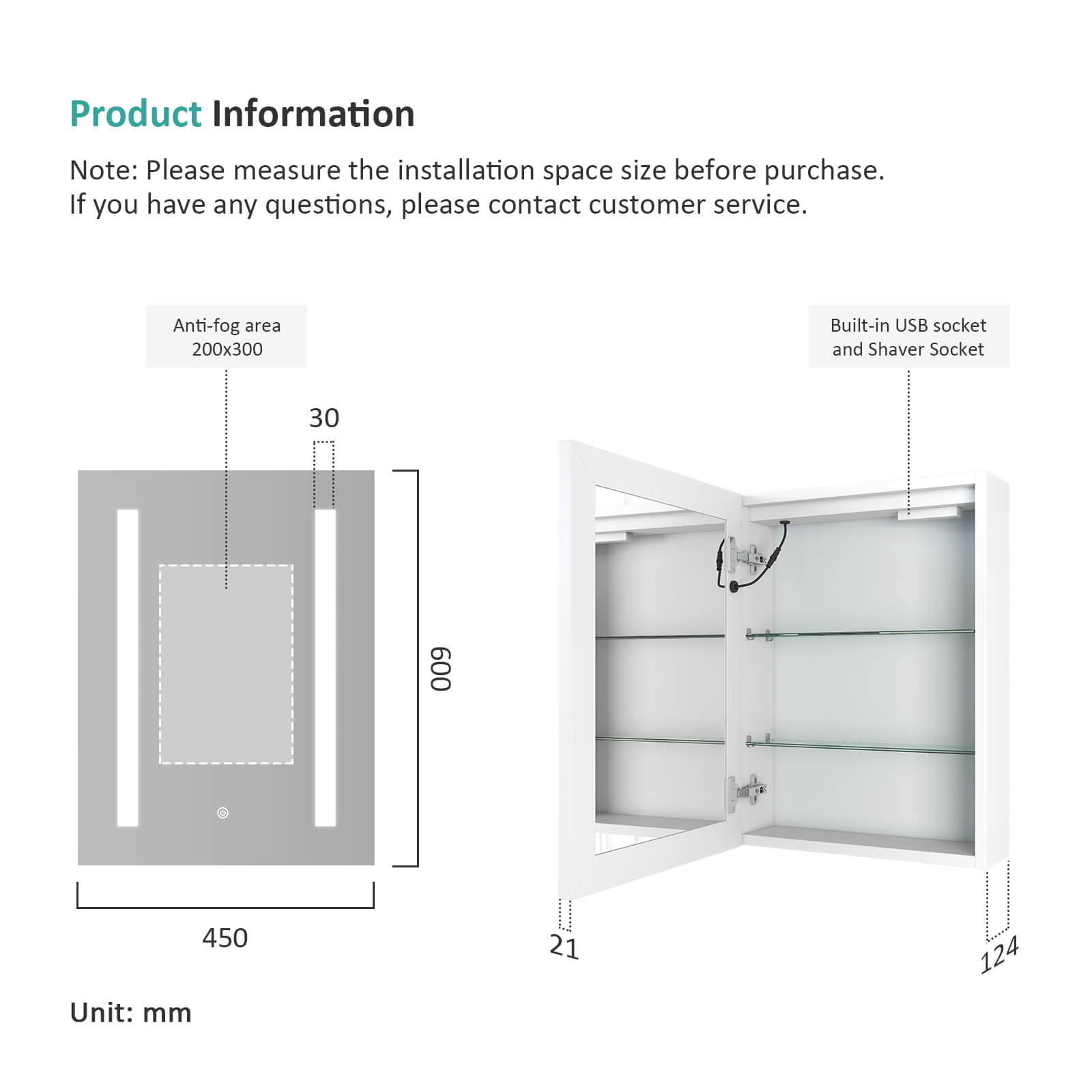 emke umc01 led aluminium mirror cabinet 45x60cm