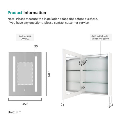 emke umc01 led aluminium mirror cabinet 45x60cm