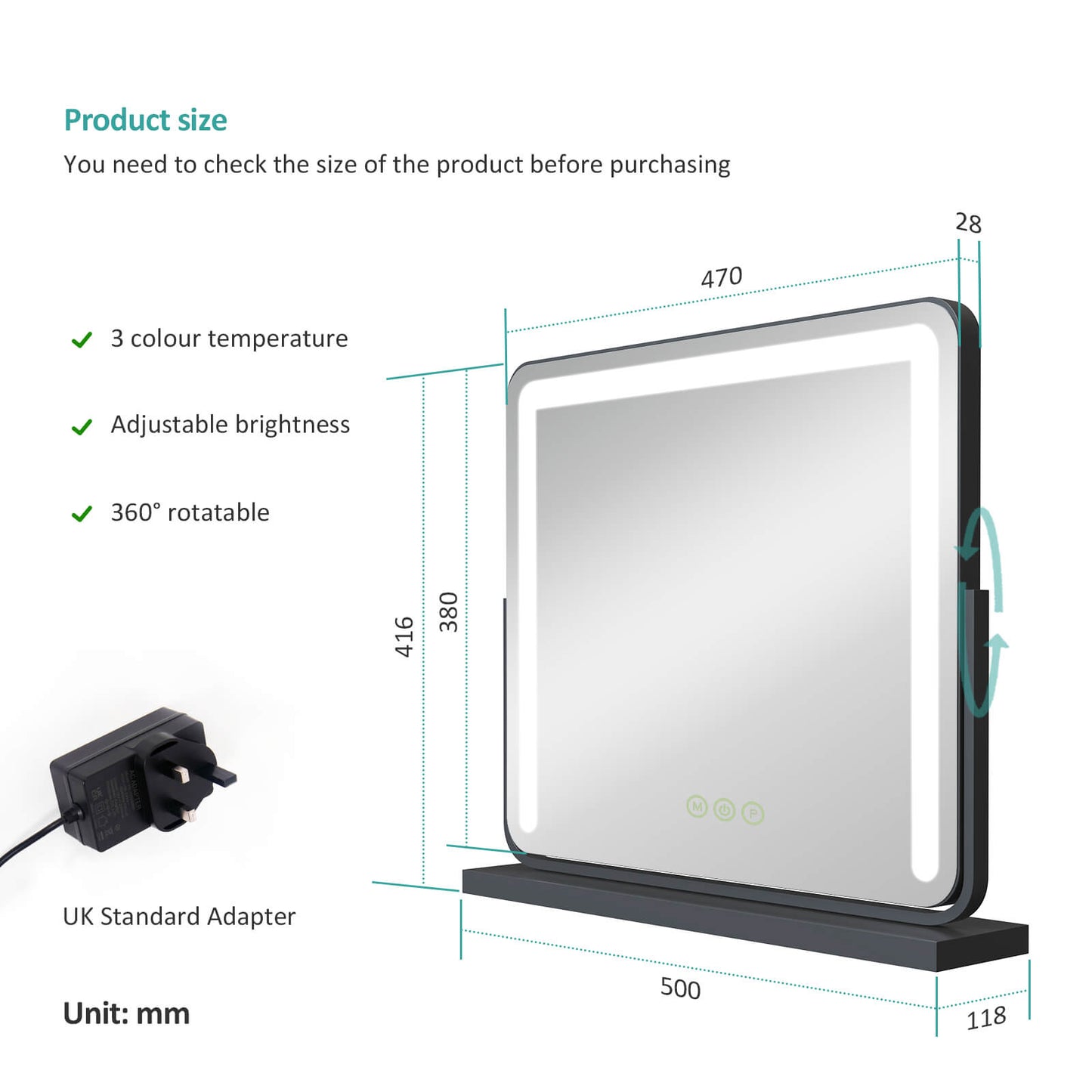 emke led vanity mirror cm08 black 47cm