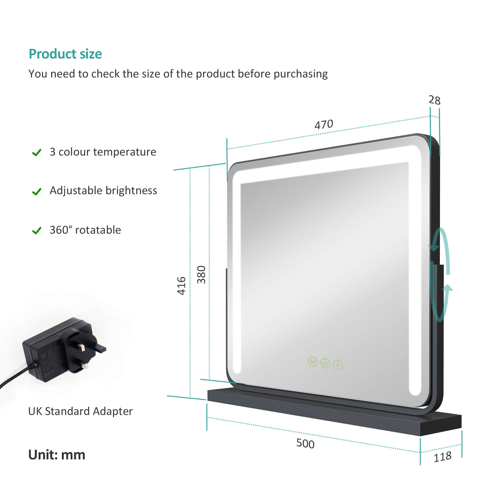 emke led vanity mirror cm08 black 47cm