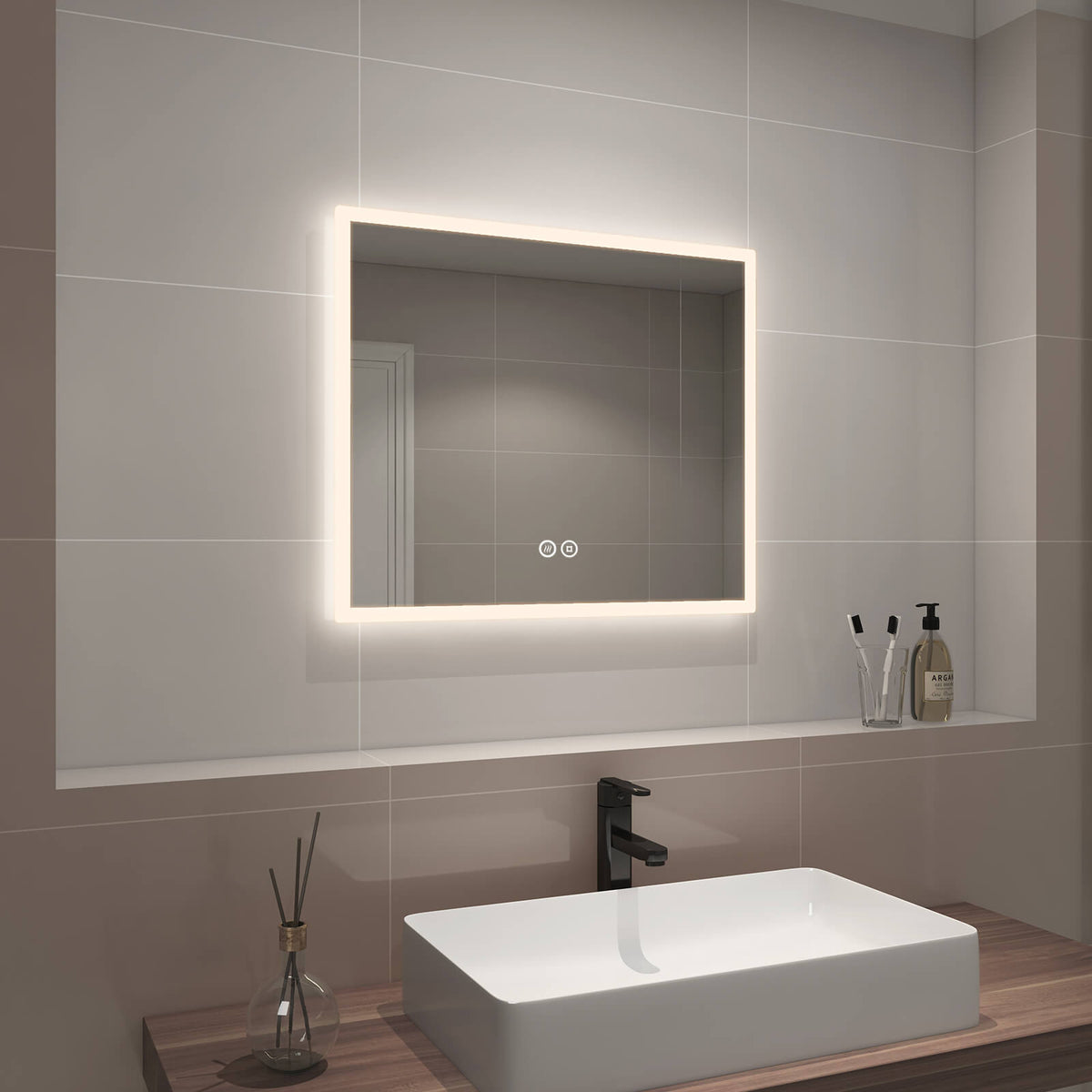 EMKE LM26 LED Bathroom Mirror, Frosted Frame, Warm White Light (4300K), Horizontal Hanging