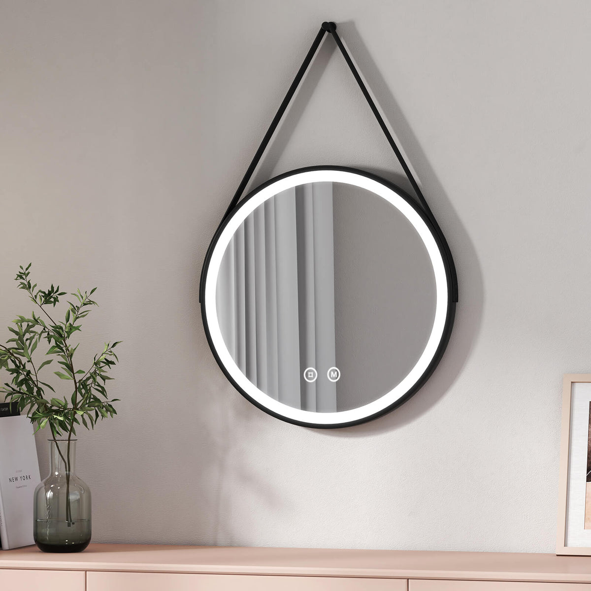 EMKE OLM04 Round Black Framed LED Illuminated Mirror, 6500K