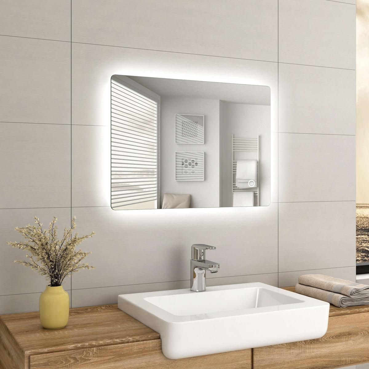 EMKE LM09 Bathroom Mirror with Rounded Corners, Demister, 6500K, Hang Vertically/Horizontally